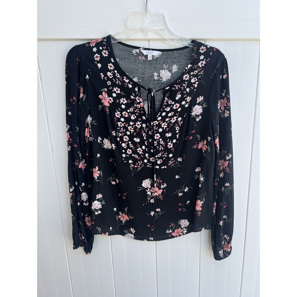 Candies Womens Floral Top Black Long Sleeve Tie Neck Sz XS